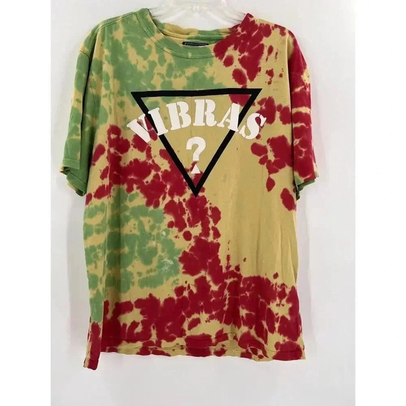 Men’s Guess x J Balvin VIBRAS? Big Logo Tie Dye Graphic Shirt LARGE Red/Yellow - Picture 1 of 11